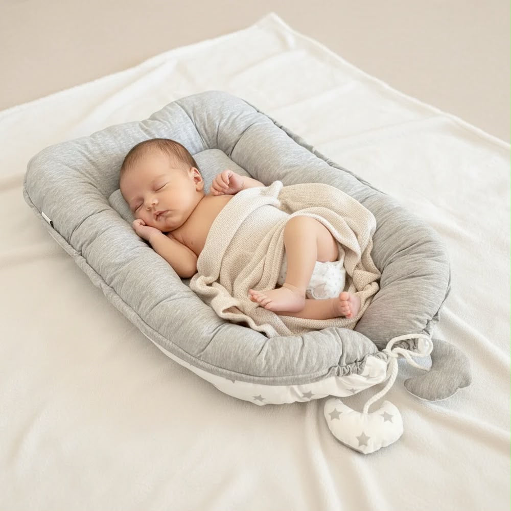 Baby Erstausstattung 2026: Neugeborenes schläft in einem gemütlichen Babynest als Teil der Erstausstattung für die ersten Lebensmonate