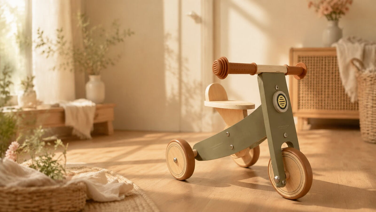 Personalisiertes Holz-Dreirad von Schmatzepuffer als Willkommensgeschenk für Bocholter Septemberbabys 2026