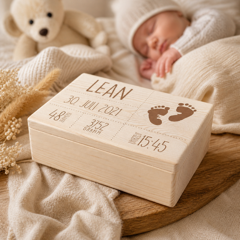Personalisierte Erinnerungsbox zur Geburt mit Name und Geburtsdaten. Hochwertiges Babygeschenk zur Geburt von Schmatzepuffer als bleibende Erinnerung für Jungen und Mädchen.