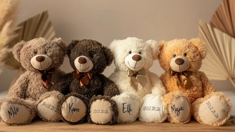Personalisierte Teddybären mit Namen und Geburtsdaten als Geschenk zur Geburt – personalisierte Babygeschenke von Schmatzepuffer