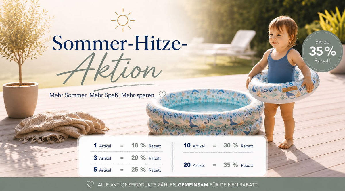 Sommer-Hitze-Aktion mit Kinderpool für den Garten – Rabattaktion auf Kinderpools, Schwimmringe, Schwimmflügel und Badespielzeug für Babys und Kinder.