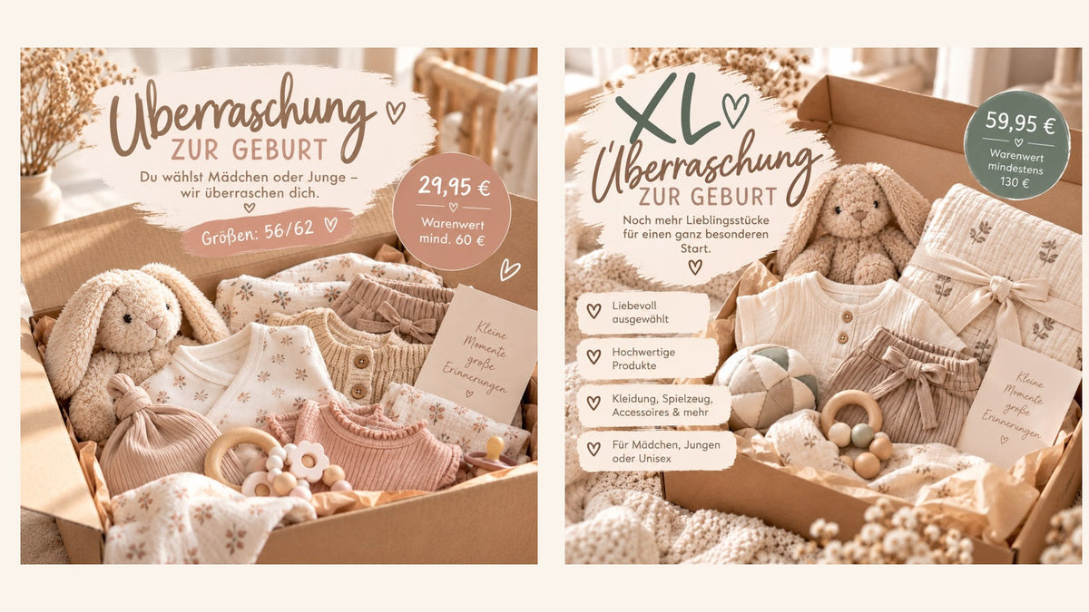 Unveränderte Shopbilder der kleinen und XL-Überraschungsbox zur Geburt nebeneinander; die abgebildeten Babyartikel sind Beispielinhalt