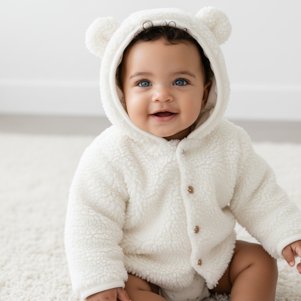 Baby trägt kuschelige Teddyjacke mit Kapuze – warme Babyjacke für Herbst und Winter