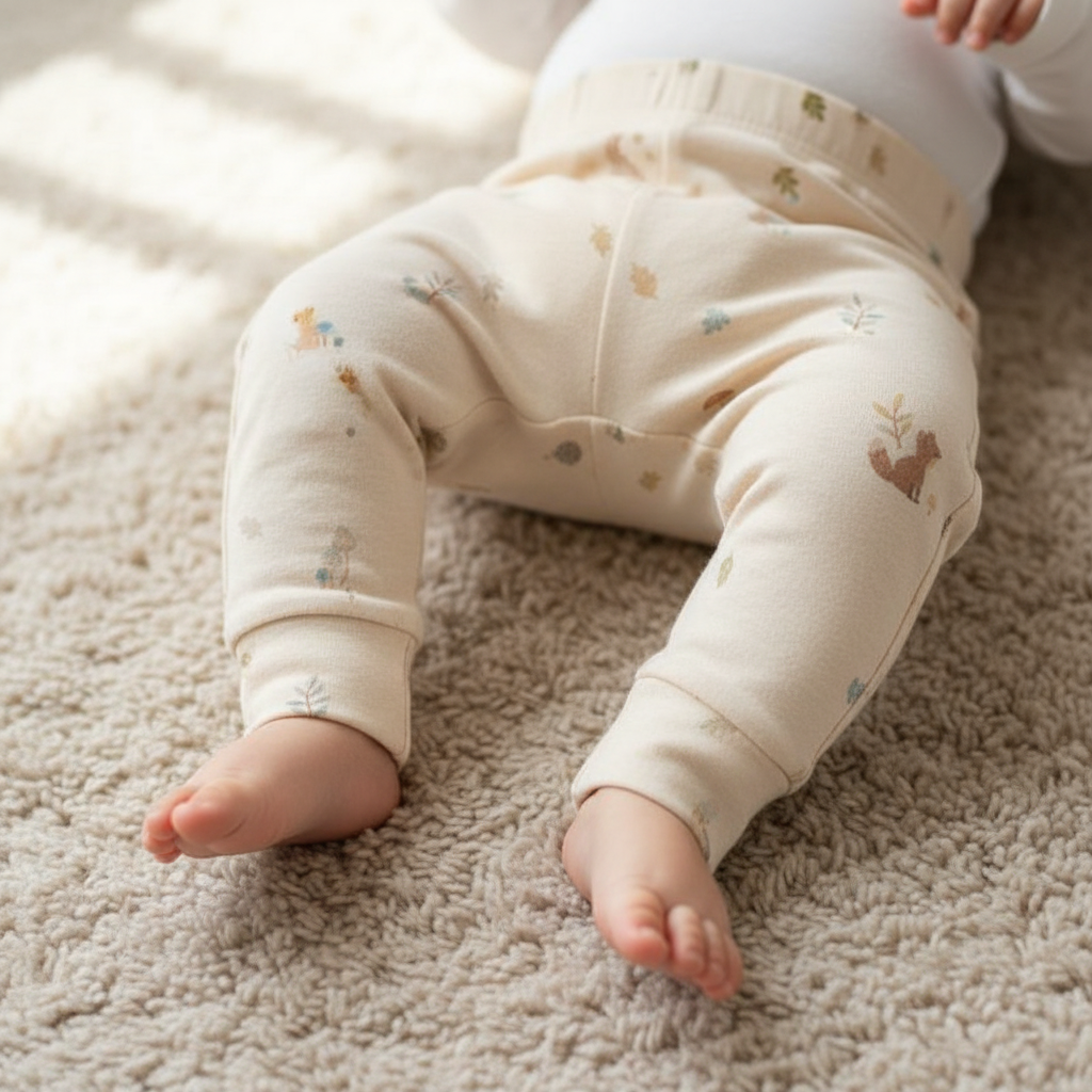 Baby in heller Leggings auf weichem Teppich – bequeme Babyhosen für Alltag und Freizeit