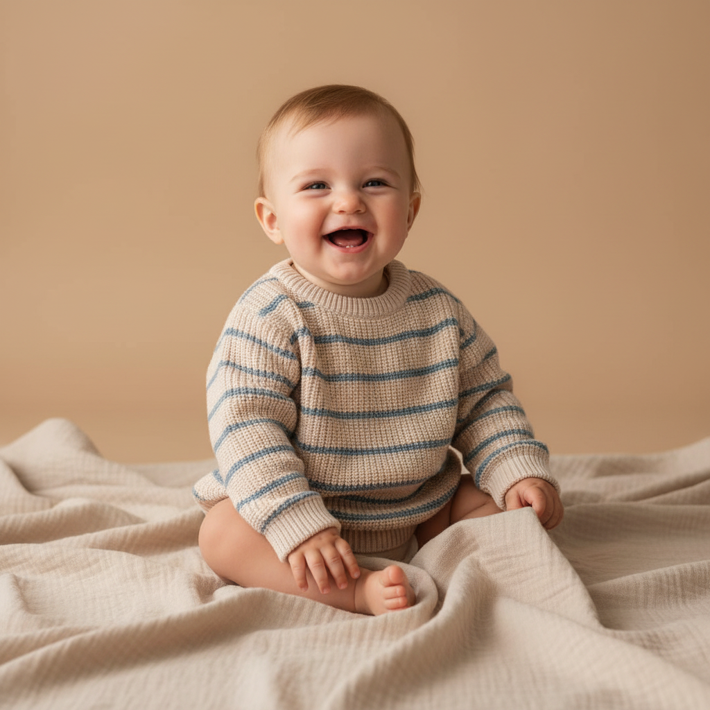 Baby mit warmem Pullover – Babykleidung 50% reduziert bei Schmatzepuffer