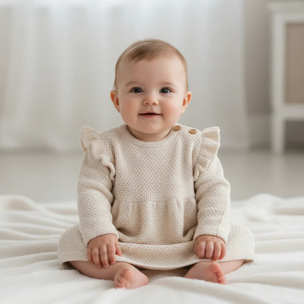 Baby Mädchen trägt beiges langarm Kleid mit Rüschen – weiches Kinderkleid für Alltag und besondere Anlässe