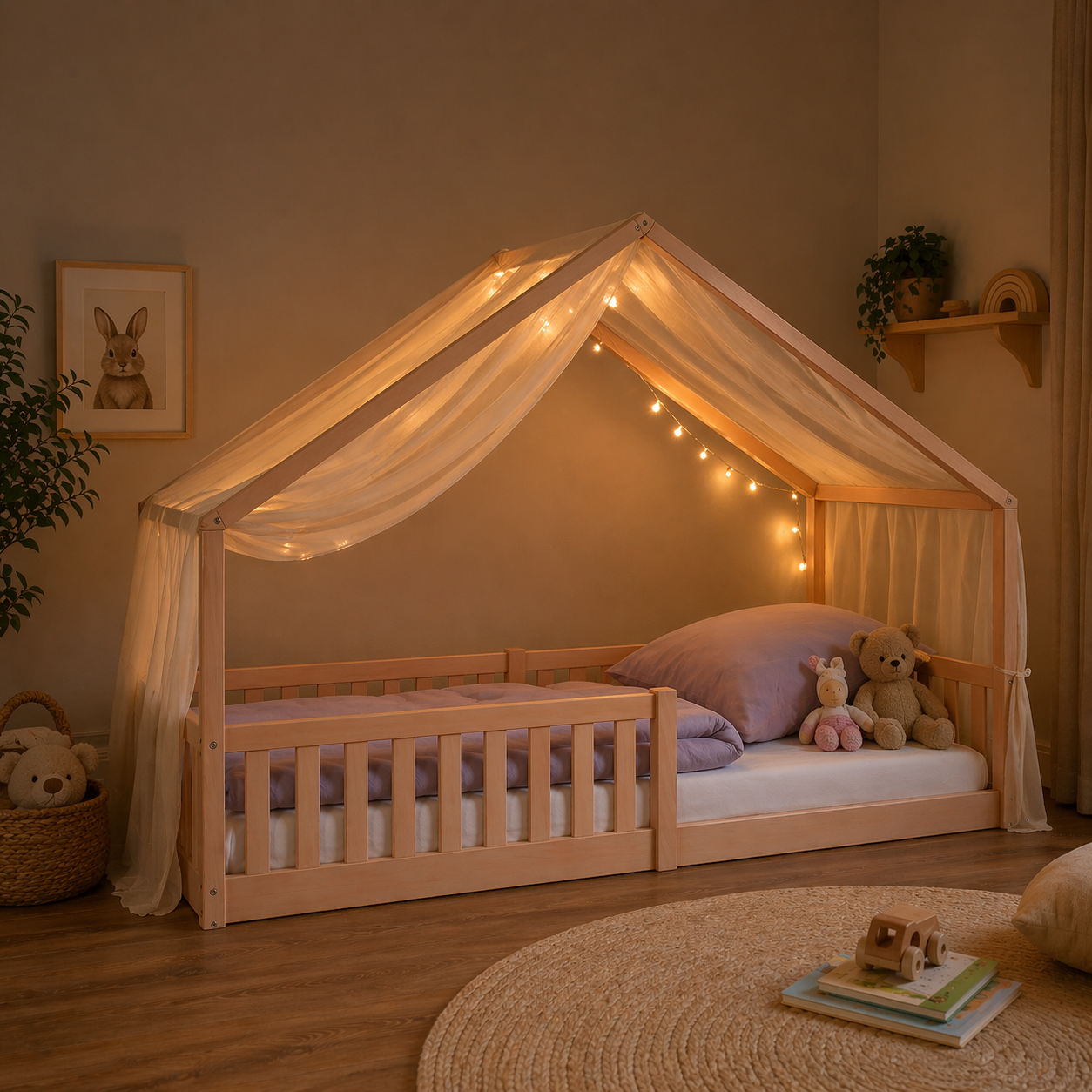 Gemütliches Kinderbett aus Holz mit Hausrahmen und Lichterkette im Kinderzimmer