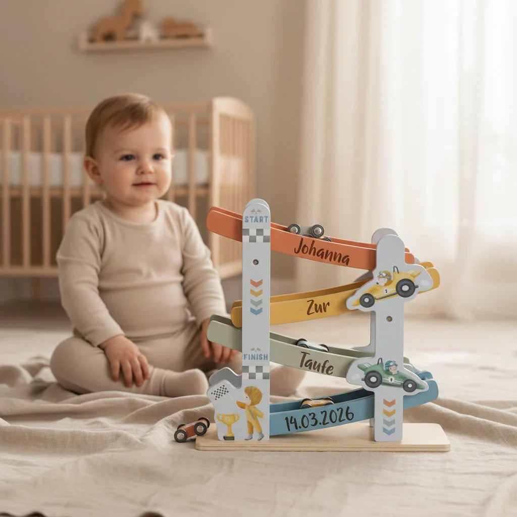 Personalisierte Kugelbahn aus Holz für Kinder mit Name und Geburtsdaten – besonderes Geschenk zur Geburt
