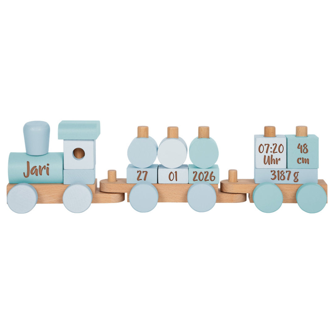 Train en bois personnalisé bleu – Cadeau de naissance avec prénom | Schmatzepuffer