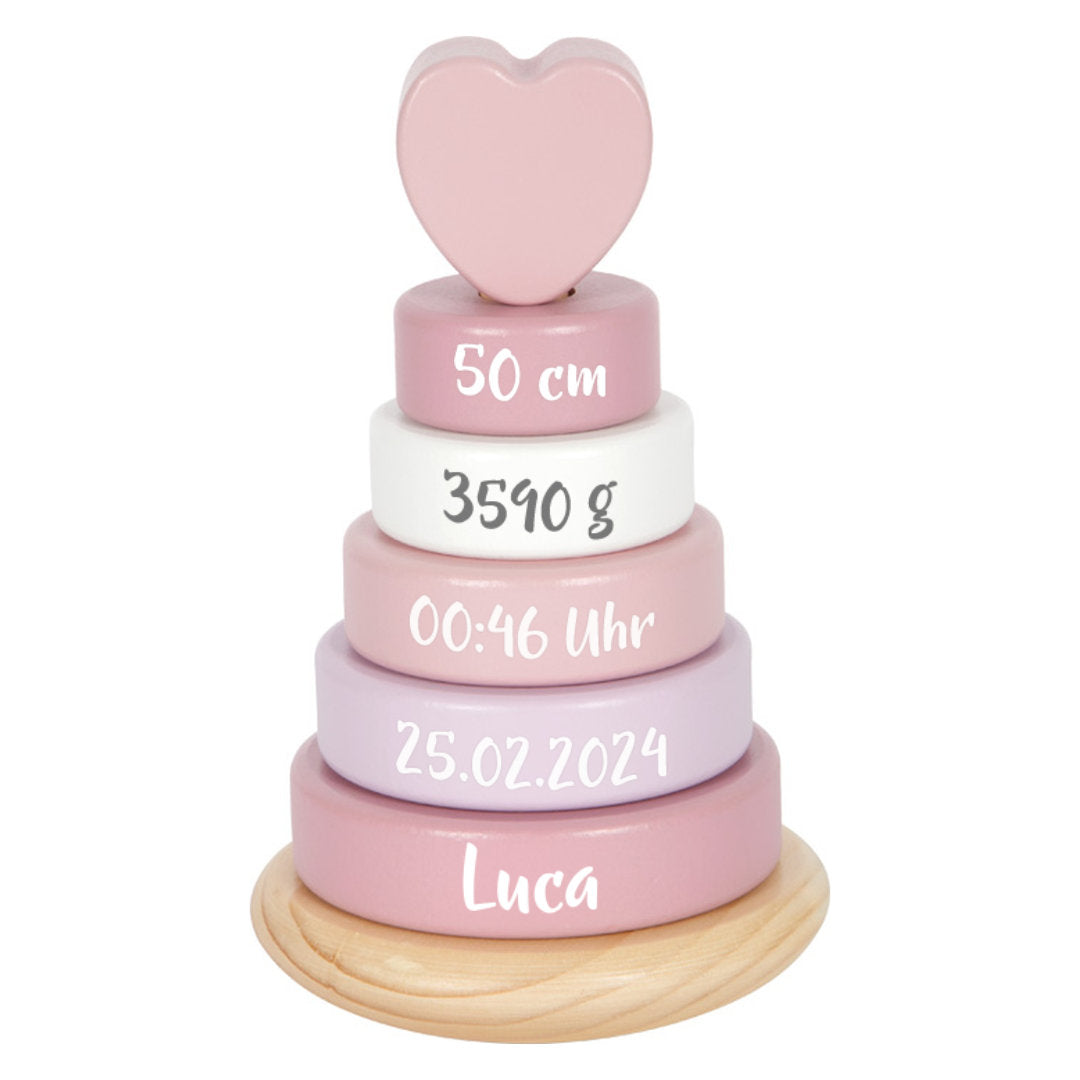 Personalized Birth Stacking Tower with Birth Details – Pink with Heart