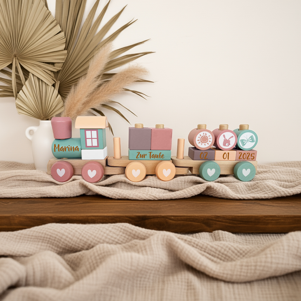 Personalized Wooden Train Adventure Pink - Christening Gift