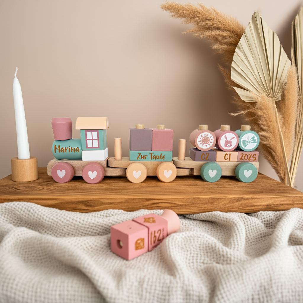 Personalized Wooden Train Adventure Pink - Christening Gift