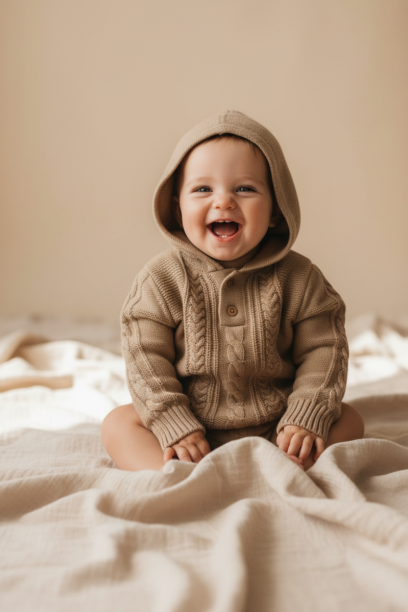 Sweat à capuche en maille « Noyer » beige, tailles 98-104 | Leevje