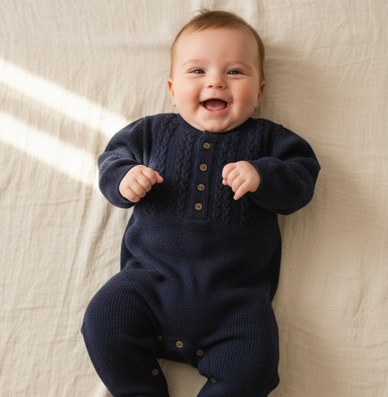 Grenouillère tricotée « Navy », bleu, taille 86-92 | leevje