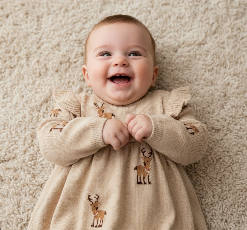 Little Dutch Strick-Weihnachtskleid in Sand – langärmliges Kinderkleid mit Rentiermotiv