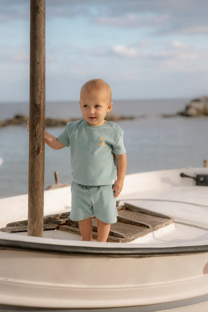 T-shirt et short Coquillages et Rayures Surf Bleu | Little Dutch