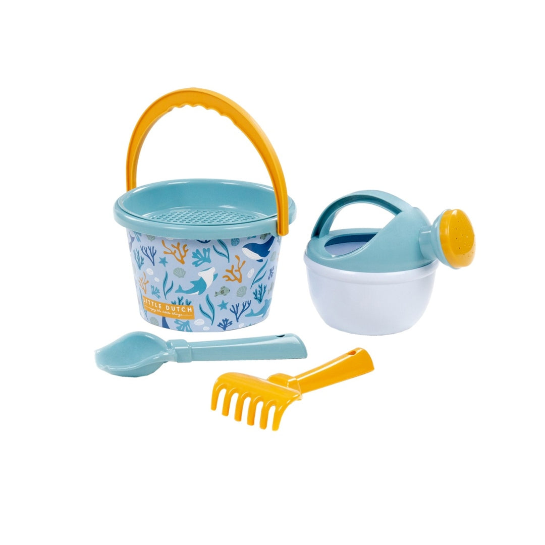Beach set with bucket, watering can, rake, and shovel for children
