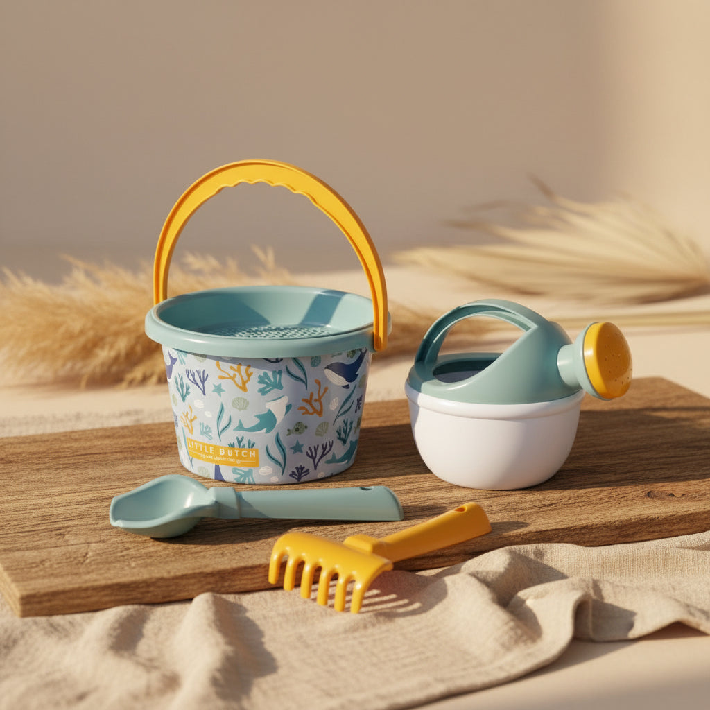 Beach set with bucket, watering can, rake, and shovel for children