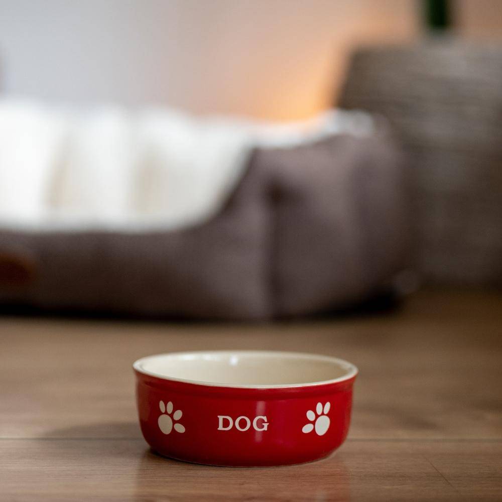 Dog ceramic bowl "DOG" red / beige 13.5 x 13.5 x 5 cm | Nobby