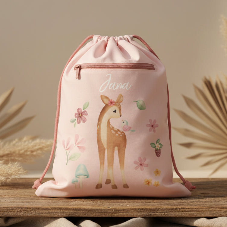 Personalisierter Little Dutch Turnbeutel Fairy Garden in Pink mit Name – Kinderbeutel mit Blumenmotiv und Kordelzügen