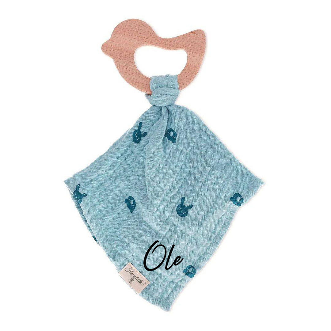 Sterntaler Schnuffeltuch Blau mit Holz-Greifling personalisierbar