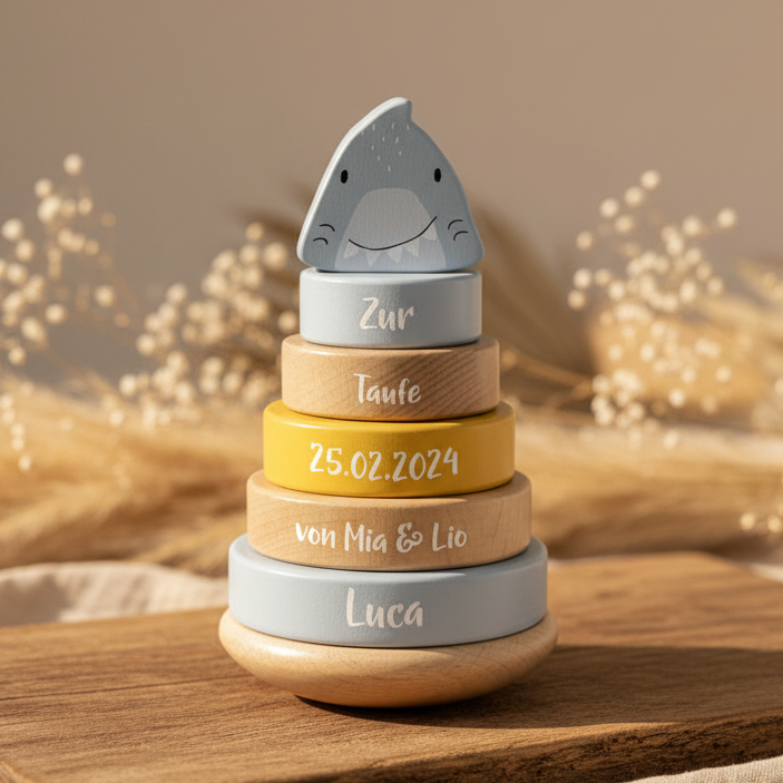 Wooden Stacking Toy Mr. Shark – Christening Gift | Schmatzepuffer