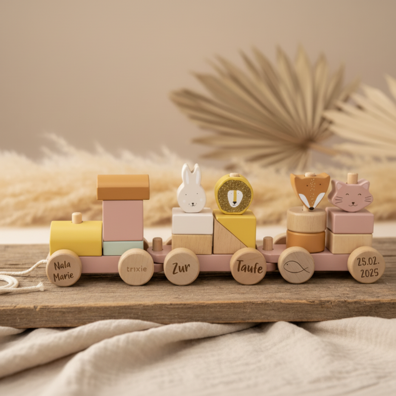 Train personnalisé en bois animaux Femme Chat – Cadeau de baptême | Schmatzepuffer