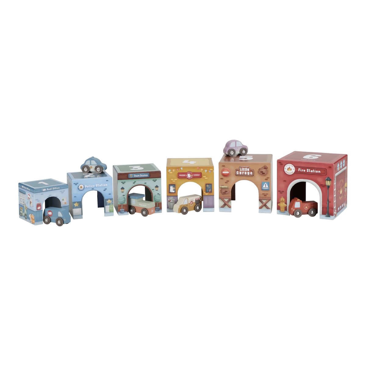 Cubes à empiler avec voitures pour univers de jeux de train en bois | Schmatzepuffer