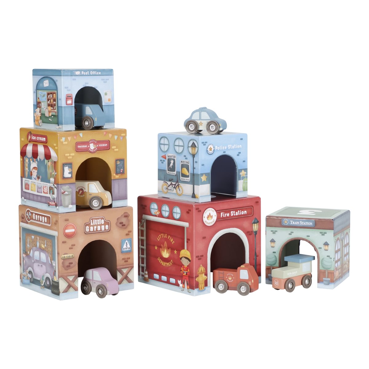 Cubes à empiler avec voitures pour univers de jeux de train en bois | Schmatzepuffer