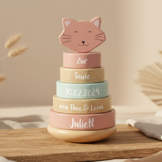 Tour de cubes à empiler en bois Chatte – Cadeau de baptême | Schmatzepuffer
