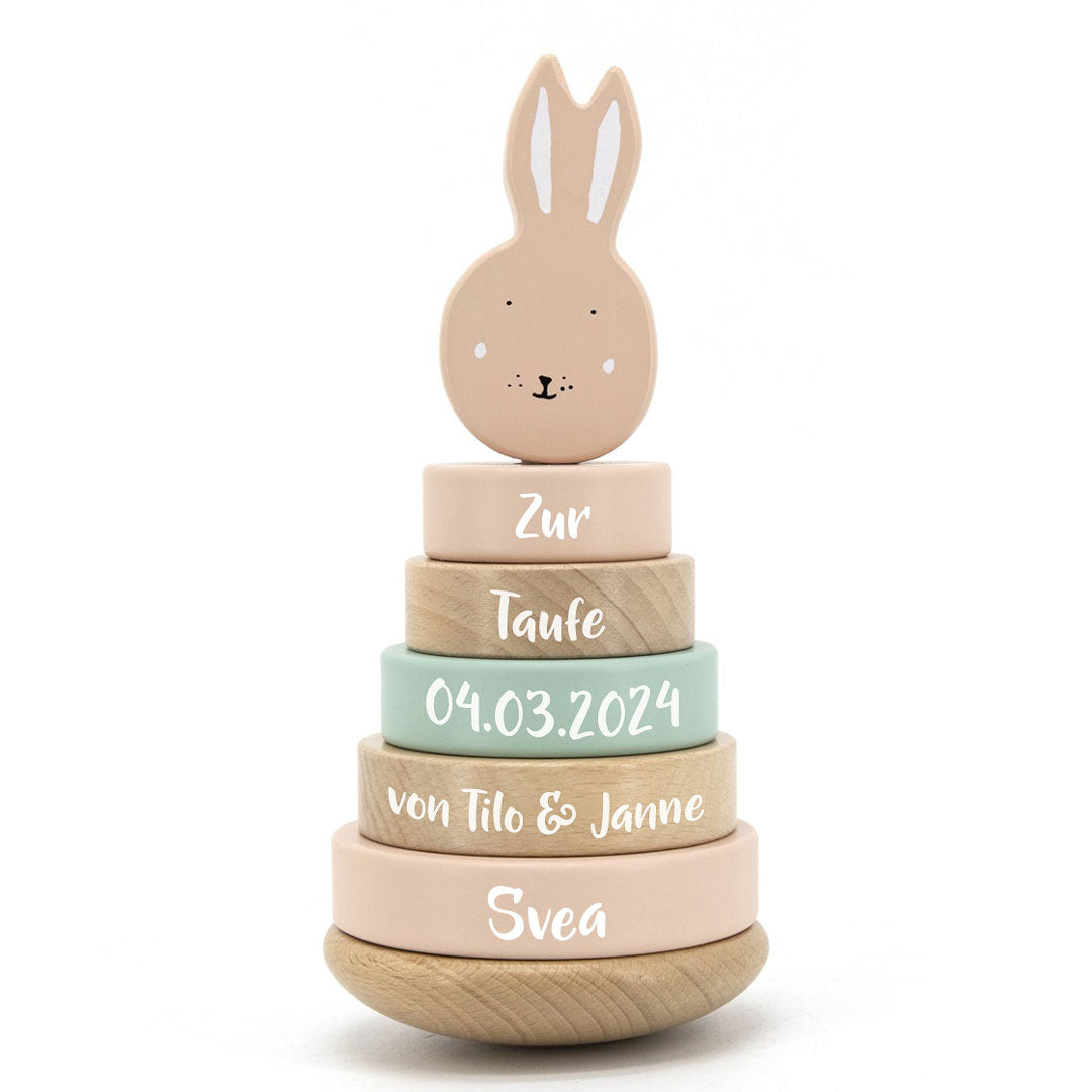 Stapelturm Holz Frau Hase – Geschenk zur Taufe | Schmatzepuffer