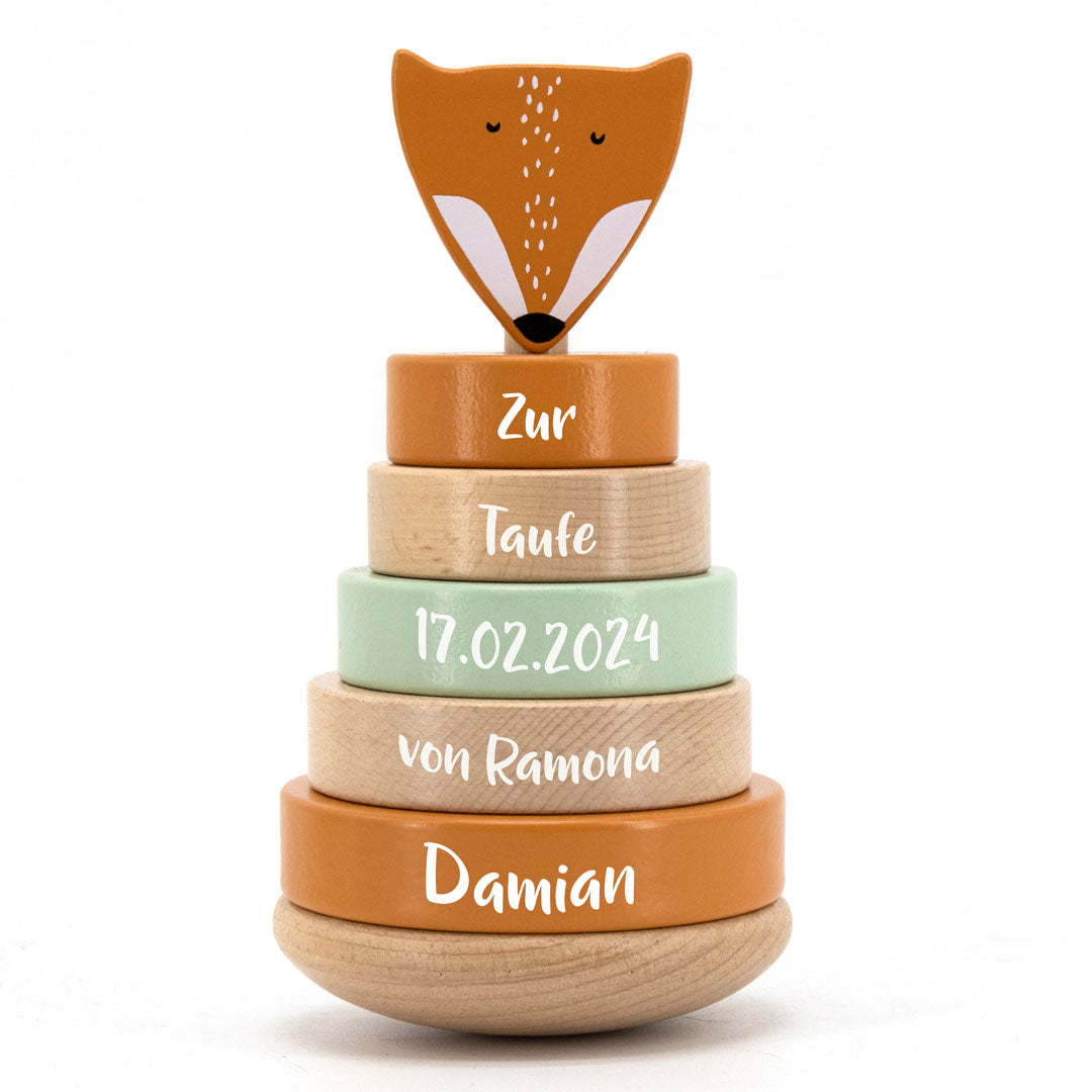 Tour à empiler en bois Monsieur Renard – Cadeau de baptême | Schmatzepuffer