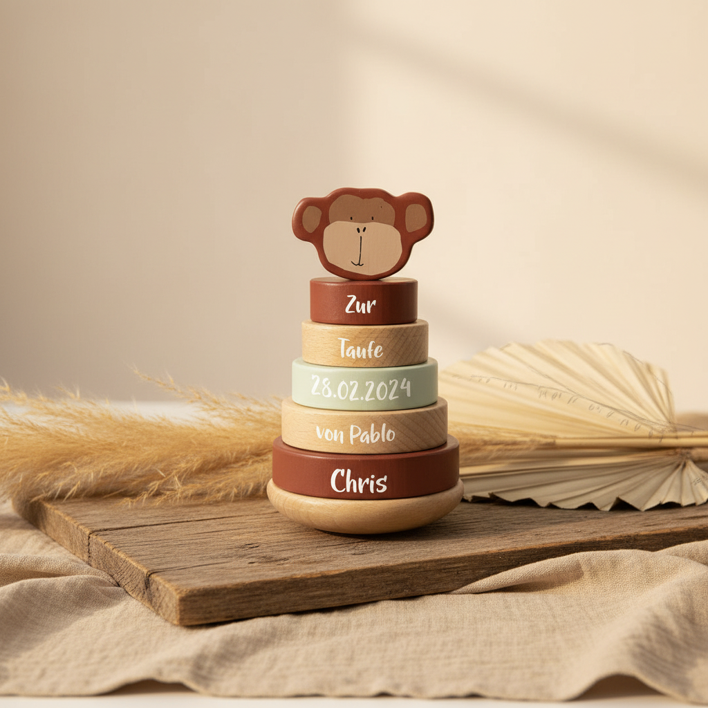 Tour à empiler en bois Monsieur le Singe – Cadeau de baptême | Schmatzepuffer