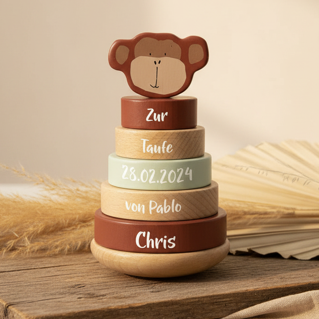 Tour à empiler en bois Monsieur le Singe – Cadeau de baptême | Schmatzepuffer