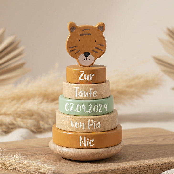 Tour à empiler en bois Monsieur Tigre – Cadeau de baptême | Schmatzepuffer