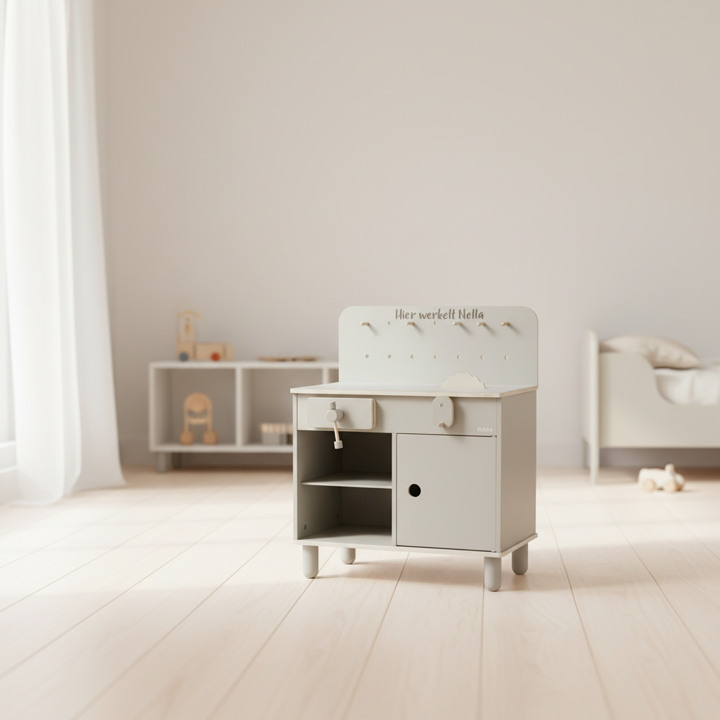Personalisierte FLEXA Holz-Werkbank naturgrau mit Namensgravur – Kinderwerkbank für kreatives Spielen und erste Handwerker-Rollenspiele