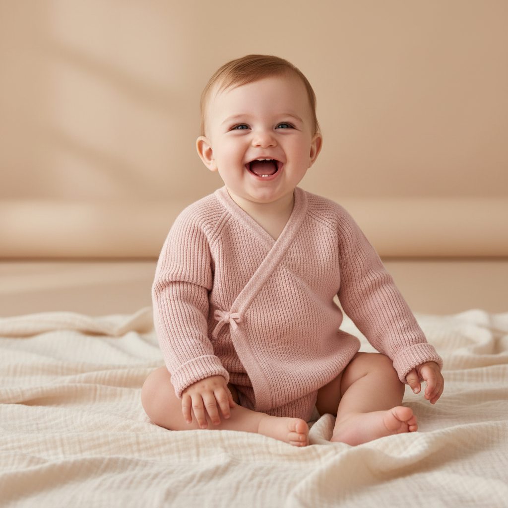Wickelstrickjacke Essential Soft Pink von Little Dutch – gestrickte Babyjacke mit Bindebändern