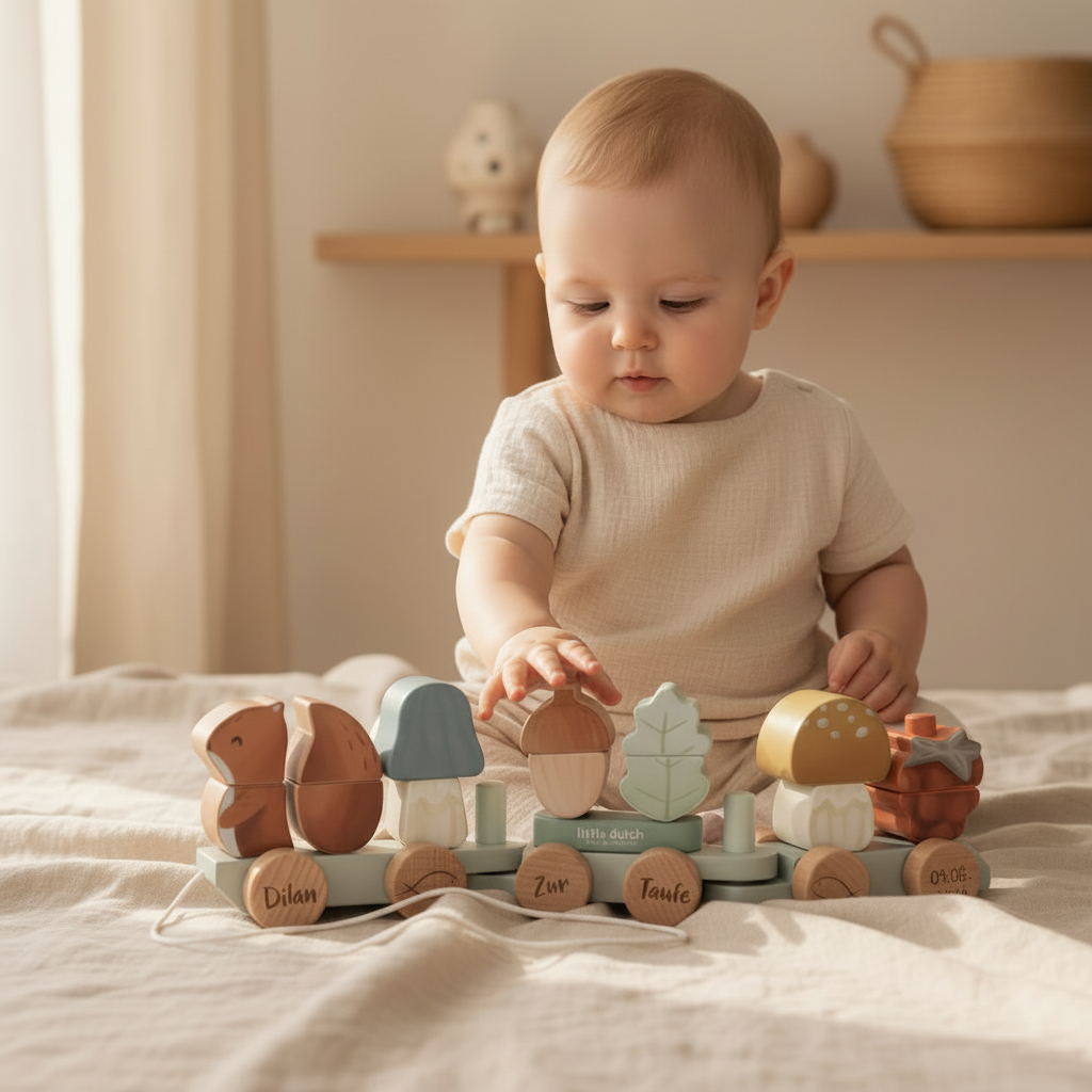 Personalized Wooden Train Squirrel for Christening with Name & Date