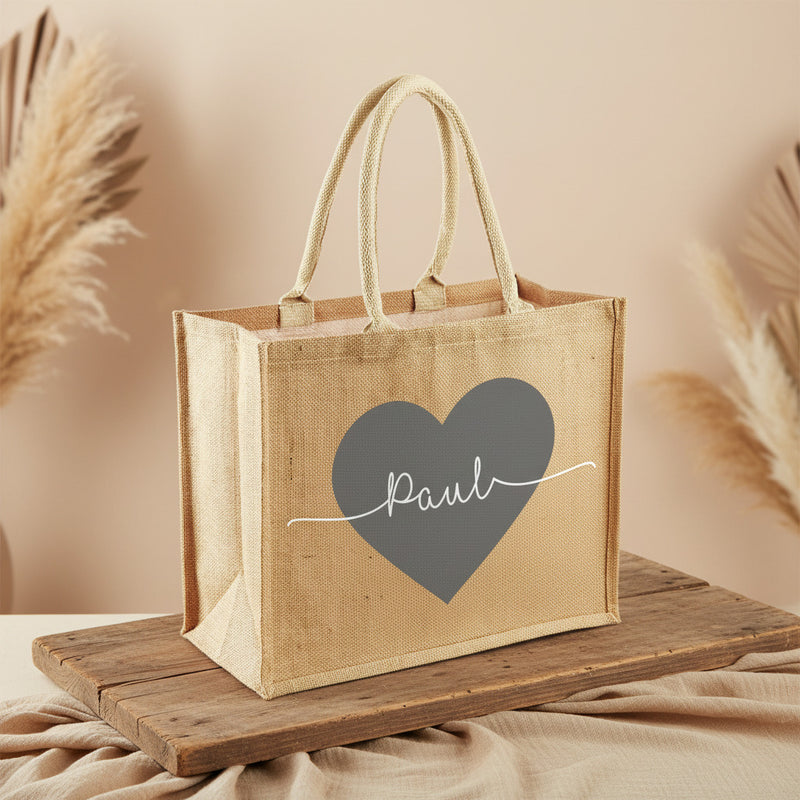 Sac en jute personnalisé avec cœur et nom | Schmatzepuffer®