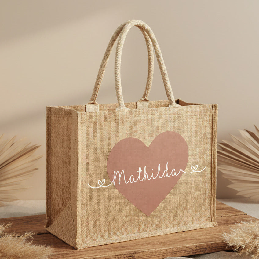 Sac en jute personnalisé avec cœur et nom | Schmatzepuffer®