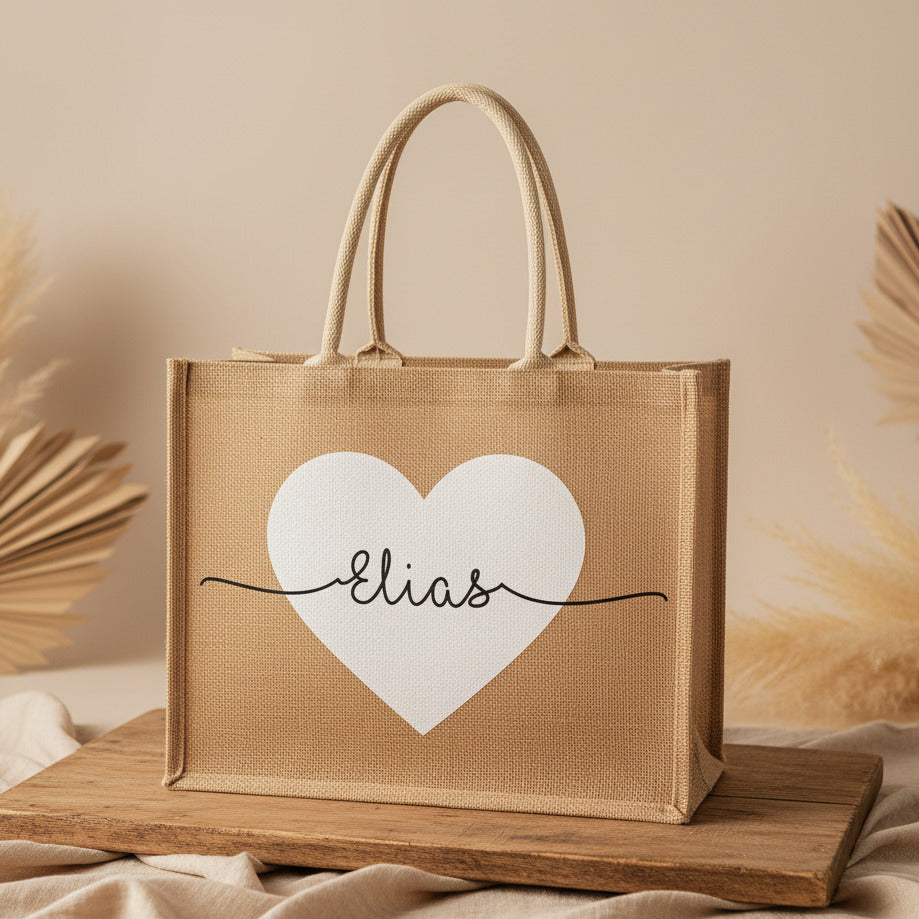 Personalized jute bag with heart & name | Schmatzepuffer®