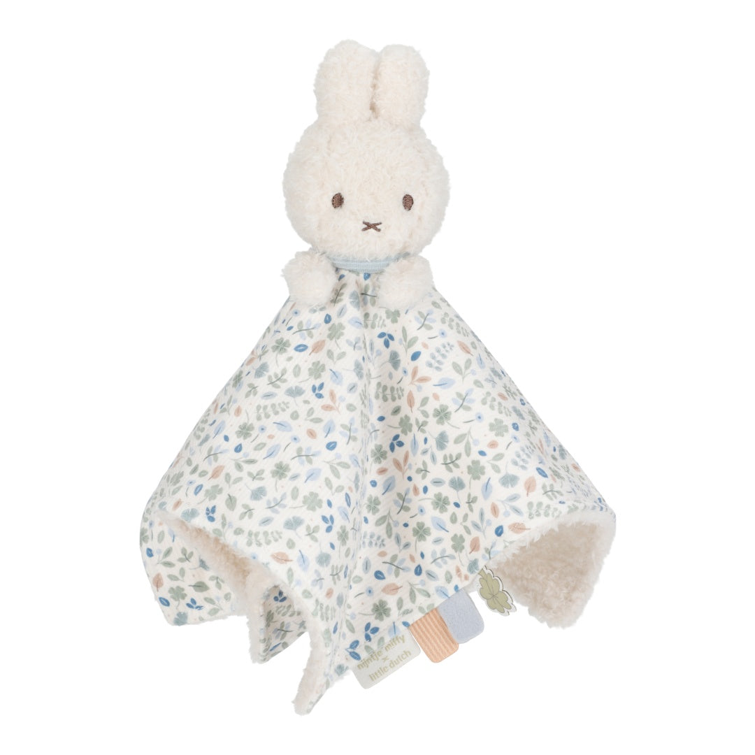 Miffy Schnuffeltuch Lucky Leaves in Blau – weiches Baby-Kuscheltuch mit flauschiger Innenseite und Fühletiketten ab Geburt