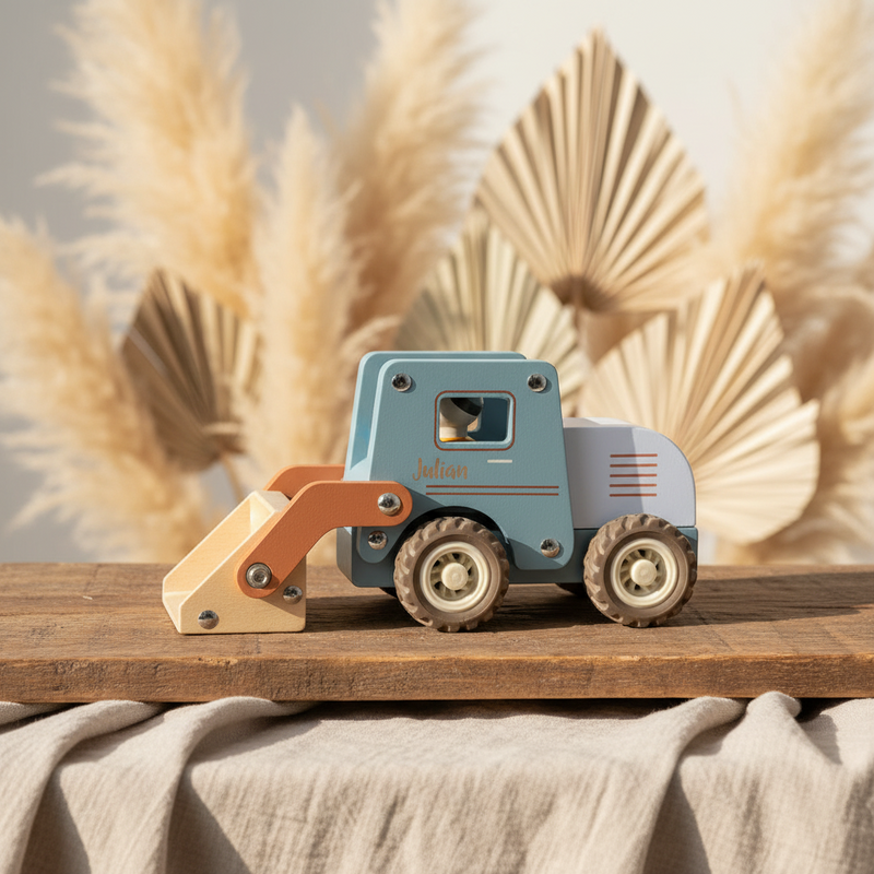 Jouet Bulldozer en bois personnalisé avec gravure – Cadeau de naissance avec prénom