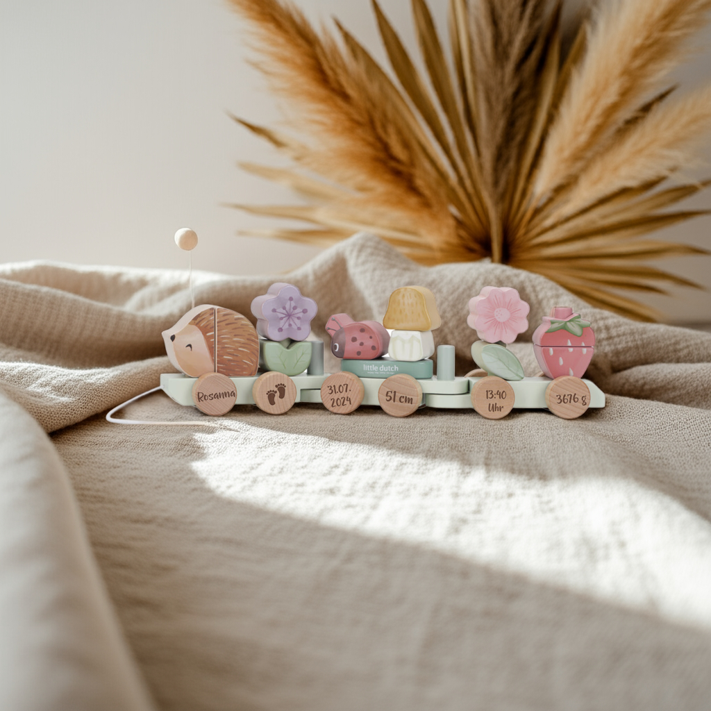 Personalised Wooden Train Hedgehog for Birth – Fairy Garden