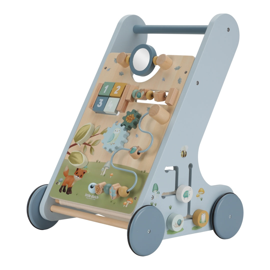 Little Dutch Laufwagen Multi Activity Forest Friends – blauer Holz-Lauflernwagen mit acht Motorikaktivitäten für Kinder ab 12 Monaten