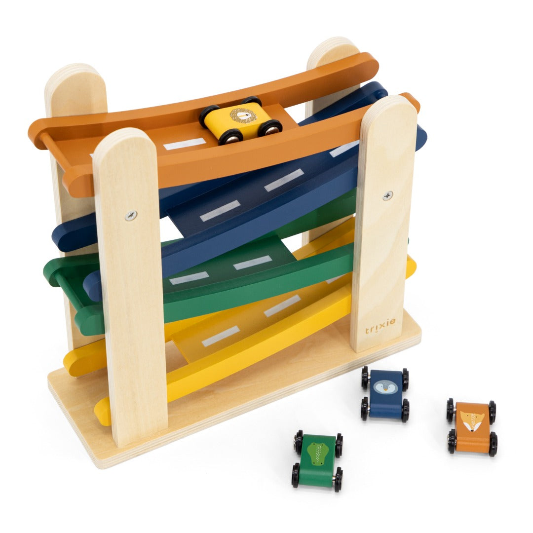 Circuit de billes en bois avec 4 voitures – Cadeau de baptême | Schmatzepuffer