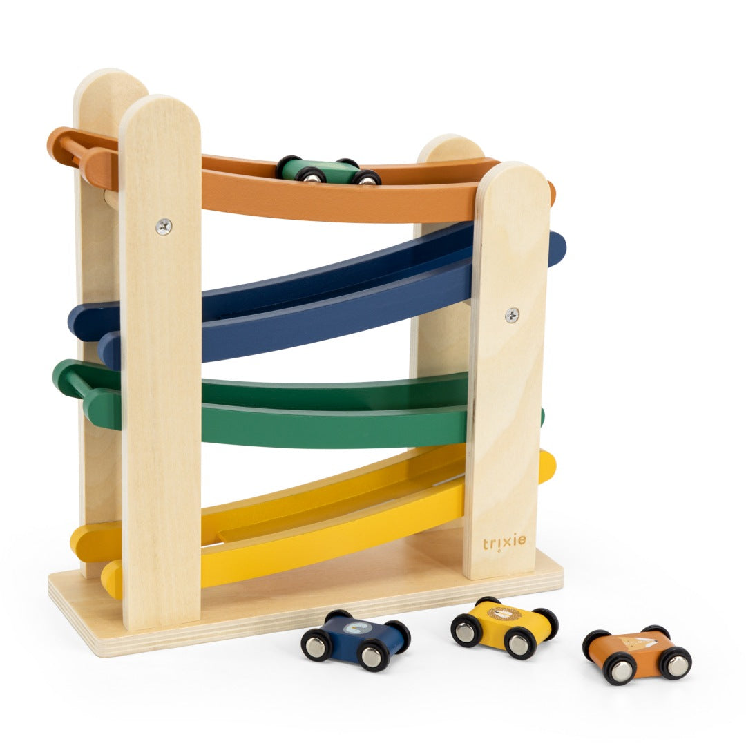 Holz Kugelbahn mit 4 Autos – Motorikspielzeug für Kinder | Schmatzepuffer