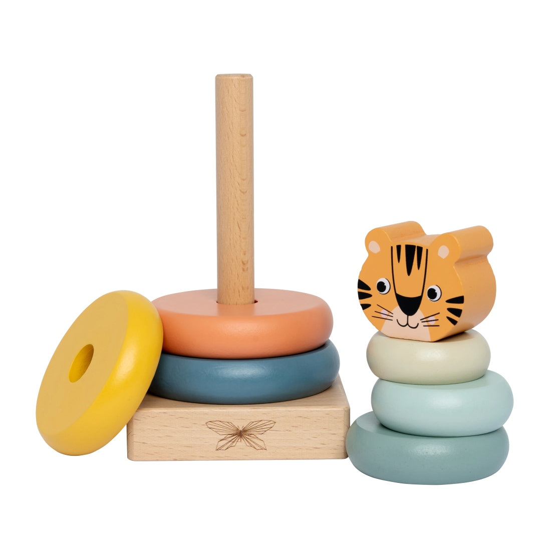 byAstrup Holz-Stapelturm Tiger – Motorikspielzeug zum Erkennen von Größen, Formen und Farben für Kleinkinder ab 1 Jahr