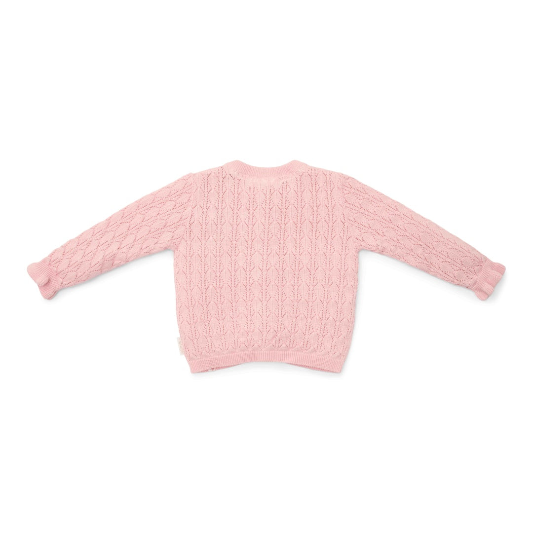 Little Dutch Strickjacke Lotus in Pink Größe 104 – Bio-Baumwolljacke mit offener Strickstruktur, Rüschenärmeln und Blumenknopf