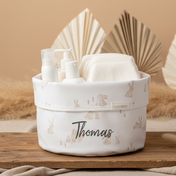 Panier de toilette personnalisé Bébé Lapin avec prénom – Rond en coton
